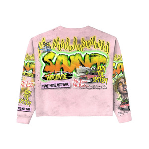 T-shirt court rose à manches longues pour homme, style streetwear oversize avec imprimé graffiti au dos, en coton tricoté, col rond - Product Image 1