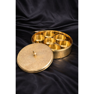 Handcrafted Pure Brass Masala <b>Box</b> With Floral Etched Lid 7 Detachable Spice Containers & Spoon Heavy Gauge Gold Finish Indian - Product Image 1