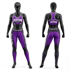 Ensemble de leggings et soutien-gorge de sport MMA pour femmes, qualité supérieure, 260 GSM, 100% coton, design à panneaux violet et noir, logo sublimé, imperméable - Product Image 1