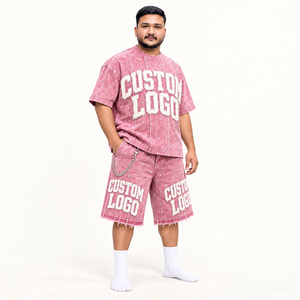 Oversized <b>Men</b> Rhinestone <b>T</b> <b>Shirt</b> <b>and</b> <b>Shorts</b> Set Custom Puff Print Logo Distressed Streetwear Matching Two Piece Wholesale OEM - Product Image 3
