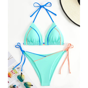 Bikini imprimé vert menthe tendance avec passepoil contrastant, nouvelle collection été 2026, en polyester et élasthanne, écologique, pour femmes, prix de gros - Product Image 2