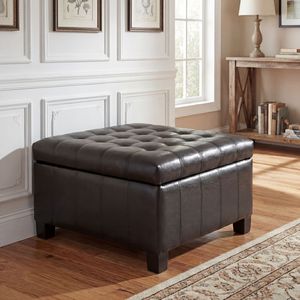 Pouf Contenitore Quadrato Nero in PU Trapuntato da 30,25 Pollici con Gambe in Legno di Gomma e Coperchio Sollevabile per Soggiorno e Camera da Letto - Product Image 1