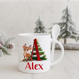 Custom Name Initial <b>Christmas</b> Porcelain Coffee Mug with Spoon Dishwasher & Microwave Safe Cute Design Red White Holiday <b>Gift</b> <b>Box</b> - Product Image 5