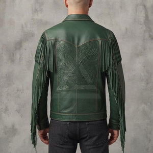 Chaqueta de cuero con flecos para hombre, estilo vaquero occidental, con patrones decorativos en relieve, para uso casual y al aire libre. - Product Image 4