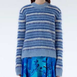 Pull en mohair rayé bleu pour femme, col rond, manches longues, décontracté, mi-long, anti-boulochage, couleur dégradée - Product Image 1