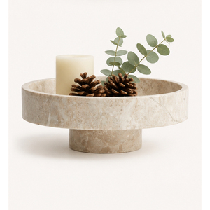 Bol sur piédestal en marbre beige minimaliste moderne, centre de table de luxe en pierre naturelle, bol de service sur pied pour la vaisselle d'hôtel et la maison - Product Image 6