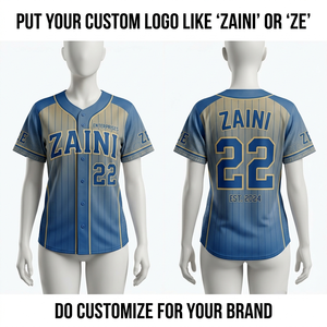 Camiseta de Béisbol Premium para Mujer, 180 GSM, Poliéster Interlock, Azul con Rayas Doradas en Contraste, Paneles con Logotipo Personalizado - Product Image 1