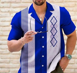 Men's Pattern Short Sleeve Casual Shirt Black White Striped Design Turn-<b>down</b> Collar Summer Breathable Poplin Fabric - Product Image 4