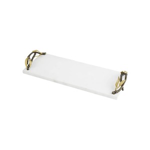 Bandeja de Servir de Mármol Blanco de Alta Calidad con Asas de Hoja de Latón Hechas a Mano, Elegante Plato Decorativo para el Hogar, Accesorio de Cocina - Product Image 1