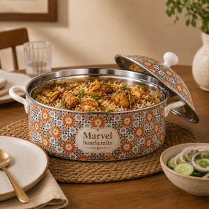 <b>Marvel</b> Handicrafts Floral Enamel Casserole Serving Pot with Lid Orange <b>Print</b> Side Handles Premium Kitchen Dining Serveware Gift - Product Image 3
