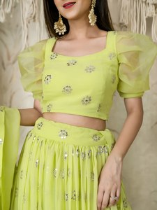 Lime Green Sequin Georgette Lehenga Choli <b>Set</b> Embroidered Two Piece Outfit Dupatta for Wedding Party Banquet - Product Image 2