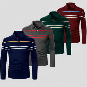 Camisa Polo a Rayas de Manga Larga Casual para Hombre - Corte Clásico Regular, Prendas de Otoño para Uso Diario - Product Image 1