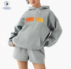 INDEX APPAREL Conjunto de 2 Piezas de Shorts de Forro Polar para Mujer, Sudadera con Capucha de Manga Larga, Corte Regular Informal, Color Sólido, Estampado de Letras, Transpirable, Invierno - Product Image 1