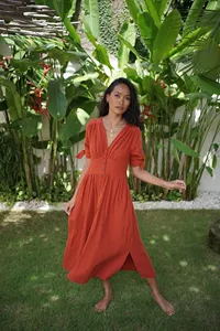 Robe longue en coton et lin pour femmes, manches courtes, coupe ample, col en V, décontractée, confortable, robe d'été - Product Image 2