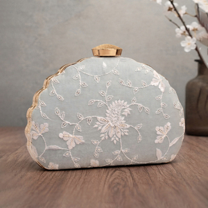 Light Mint Based White Thread Embroidery <b>Clutch</b> Bag Designer Party Handbag for Women <b>Wedding</b> Occasions - Product Image 2