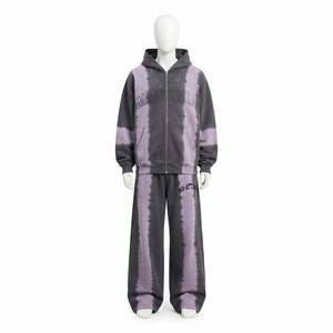 Conjunto de Sudadera con Capucha y Pantalones Tie Dye Gris Púrpura para Hombre, Sudadera con Cremallera y Detalles de Tachuelas, Pantalones de Pierna Ancha, Chándal de Dos Piezas Estilo Urbano - Product Image 4