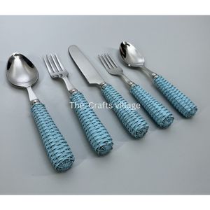 Juego de Cubiertos Modernos de Acero Inoxidable con Mango Azul Tejido, Juego de Cuchara, Tenedor y Cuchillo, Cubertería Premium, Utensilios de Cocina, Vajilla - Product Image 3