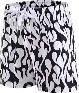 Men's Black White Flame Print Swim Shorts Quick Dry Drawstring Closure Summer Regular Fit Adult Polyester - Product Image 2