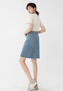 Vente directe usine – Nouvelle jupe en jean décontractée pour femme, longueur genou, unie, avec ceinture boutonnée, style vintage, taille haute, en denim épais - Product Image 6
