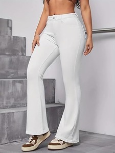 Bell-bottom <b>Boot</b> Cut Denim Jeans with Mid-Waist Criss-Cross Detail Vintage Style Washed Finish Ripped Decoration - Product Image 5