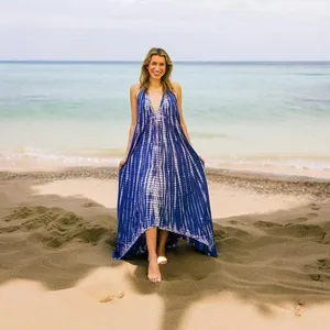 Robe longue décontractée pour femme, style bohème, bleu marine, en rayonne, tie-dye, col en V, fluide, sans manches, pour les vacances - Product Image 5