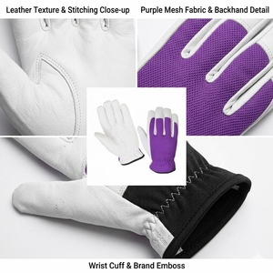 Guantes de Trabajo de Alta Calidad en Cuero de Cabra y Malla Morada con Puño Elástico Fruncido para Jardinería y Uso General - Product Image 4
