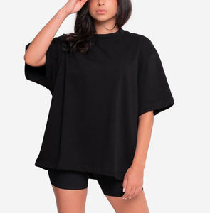 T-shirt noir surdimensionné pour femme, manches courtes, col rond, couleur unie, coupe ample, jersey en coton tricoté, toutes saisons - Product Image 6
