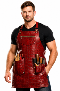 Red Crocodile Embossed Durable European Style <b>Leather</b> Barber Bib <b>Apron</b> Adjustable Comfortable Multiple Pockets Customizable for - Product Image 1