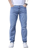 Jean classique bleu pour homme, en denim extensible, coupe slim, jambe droite, délavé, taille haute 3D, séchage rapide, pour hiver, automne, printemps, couleur unie