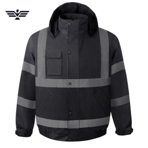 Chaqueta Bomber Personalizada para Hombre, Negra, de Alta Visibilidad, Reflectante, de Poliamida, con Capucha |   Ropa de Trabajo de Seguridad Industrial ANSI Impermeable de Alta Calidad - Product Image 1