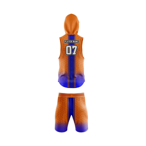 Conjunto de Fútbol 7v7 Naranja y Azul, Jersey sin Mangas con Capucha, Patrón Sublimado, Uniforme de Equipo, Pantalones Cortos con Logotipo Personalizado - Product Image 2