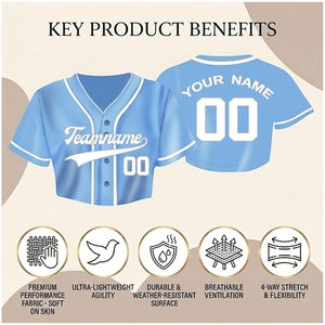 Crop top de baseball personnalisé bleu pour femme, maillot à manches courtes et col en V avec nom et numéro d'équipe personnalisés, impression premium anti-décoloration - Product Image 2
