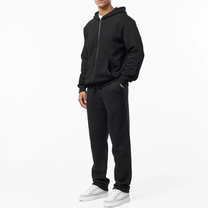 Sudadera con capucha de invierno transpirable de ajuste regular con cremallera completa y dobladillo abierto para hombre, chándal negro de 300GSM con forro polar de algodón y cintura elástica - Product Image 1