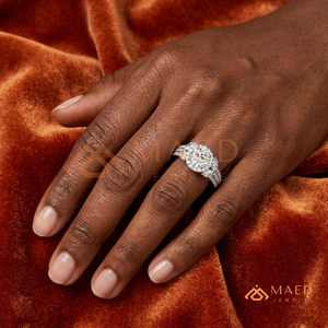 Round Cut Moissanite Halo Engagement <b>Ring</b> 925 Silver Three Stone <b>Split</b> Shank Pave Band Wedding <b>Ring</b> Diamond Look Jewelry - Product Image 4