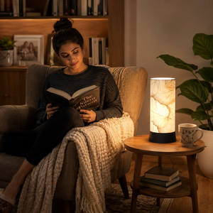 Modern Off-White Leaf Printed LED Table Lamp Linen Shade | <b>Decorative</b> Bedside Night Lamp | Warm Ambient <b>Light</b> for Living Room - Product Image 3