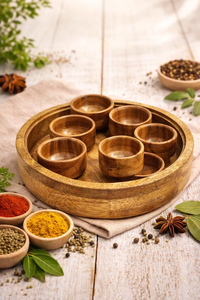 Boîte à épices en bois artisanale ronde Masala Dabba avec 8 compartiments, organisateur traditionnel de rangement pour épices de cuisine - Product Image 2