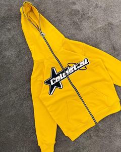 Sweat-shirt à capuche zippé jaune Rits pour homme, en molleton décontracté, avec logo imprimé sur le devant, coupe classique, idéal pour l'automne, prix abordable, OEM - Product Image 3