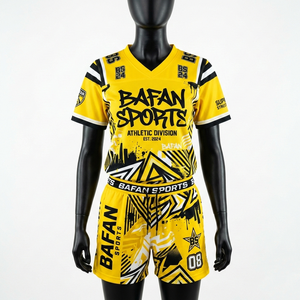 Conjunto de Camiseta y Pantalones Cortos de Fútbol para Mujer, 160 GSM, Malla de Poliéster que Absorbe la Humedad, Amarillo y Negro, Panel Gráfico, Logotipo del Equipo Personalizado - Product Image 4