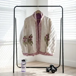 <b>Women</b> <b>White</b> Stand Collar Eco-Friendly Reversible 100% Cotton Floral Hand Block Print Open Front Long Sleeve <b>Jacket</b> - Product Image 1