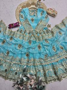 Turquoise Silk <b>Lehenga</b> Choli <b>Women</b> Traditional Indian Pakistani Wedding Embroidered Peacock Design Floor-Length Loose Fit - Product Image 3