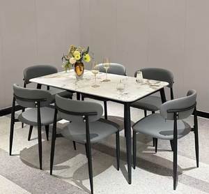 Juego de Comedor Moderno con Mesa de Mármol y Sillas Tapizadas en Gris, Muebles de Lujo Contemporáneos - Product Image 1