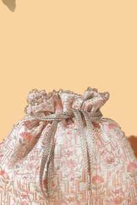 Handmade Embroidered Synthetic Brocade Silk Foundation Potli <b>Bag</b> Pearl Beaded <b>Wrist</b> Handbag Floral Needlework Pouch Wedding - Product Image 3