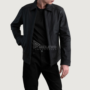 Classic slim-fit leather jacket for men, crafted from soft sheepskin leather with functional pockets and a modern stand collar. - Product Image 1
