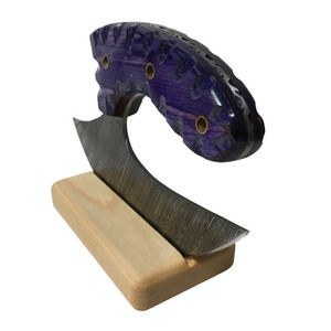 Couteaux Ulu en acier Damas faits à la main, avec fourreau en cuir, manche en bois, coupe-pizza, lame forgée, couteaux ambidextres - Product Image 3