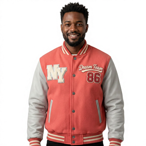 Veste universitaire unisexe Six Trend Sports rouge, broderie NY Dream Team 86, style preppy, mélange polyester/coton, coupe classique, devant - Product Image 1