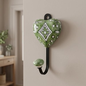 Handmade Ceramic Heart Wall Hook With Green Pattern Single Hook For <b>Clothing</b> Vintage Style - Product Image 1