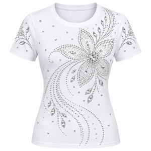 T-shirt décontracté en jean pour femme, personnalisé avec strass scintillants et cristaux, clouté, uni, respirant et écologique - Product Image 4