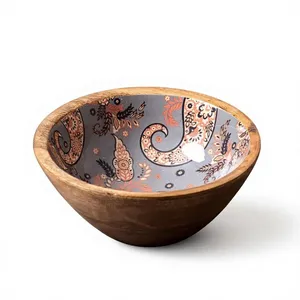 Tazón de Madera para Servir, Gris, Estampado, Multiusos, para Aperitivos, Frutos Secos, Ensaladas, Frutas, Decorativo, para Cocina, Comedor, Mesa - Product Image 1