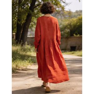 Women <b>Boho</b> Red <b>Long</b> Sleeve Maxi <b>Dress</b> Loose Fit Flowing Casual Vintage Cotton Linen Party <b>Dress</b> - Product Image 4