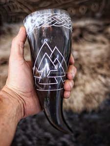 Viking <b>Drinking</b> <b>Horn</b> Valknut Symbol for Festivals Decor 250-500ml Capacity 28-35cm Long Handcrafted Quality Organic Material - Product Image 3